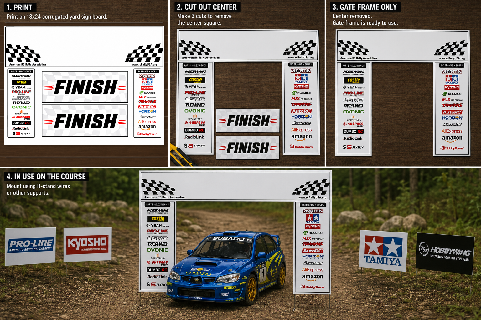 Instruction image showing how to print, cut, and use an RC rally start gate